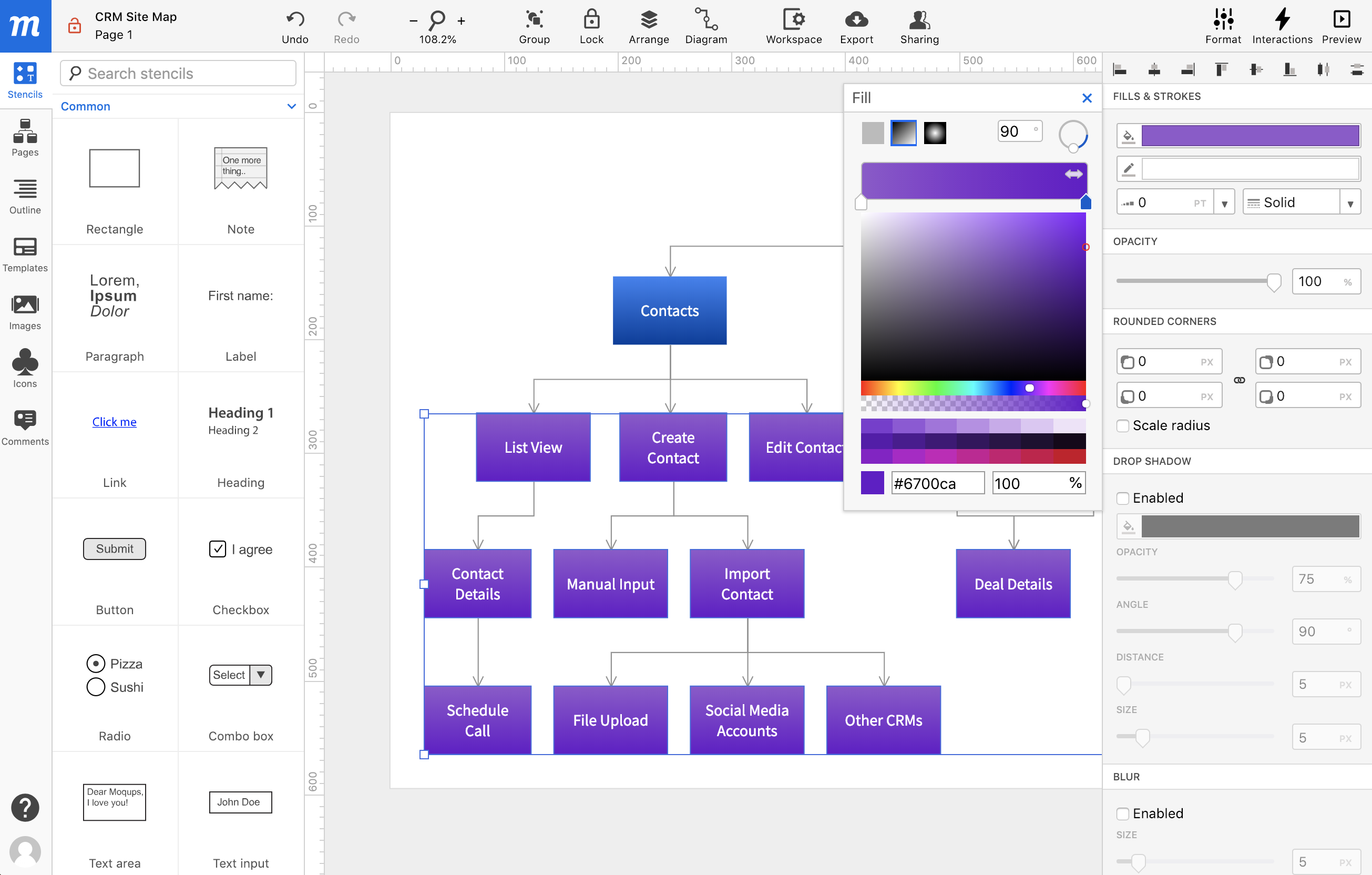 Flowchart diagram styled with gradients in Moqups