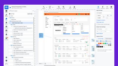 Moqups editor showing Curium's wireframes for a financial claims management interface, including page structure and annotated UI designs.