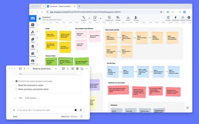 Moqups editor showing a whiteboard with notes and an AI prompt to write a summary and action items based on those notes.