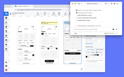 Moqups canvas showing three alternative mobile e-commerce layouts for a chair store, with different product listing and filtering approaches, alongside an AI assistant generating layout variations.
