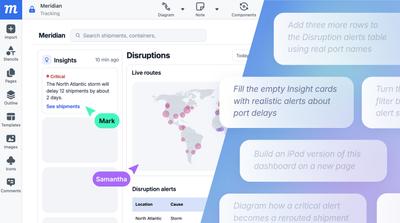 Split screen stylized visual showing the Moqups editor on the left and AI prompts on the right.