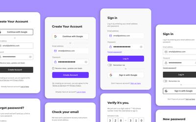 Static visual showing different screens from the new sign in/sign up template in Moqups. 