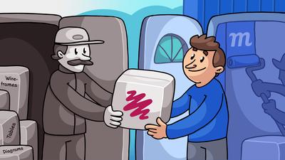 Illustration showing a delivery man handing off a Balsamiq package to a Moqups person.