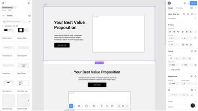Figma editor with a low-fidelity wireframe template on the canvas