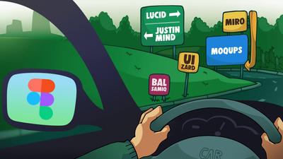 Illustration of a person driving while seeing the Figma logo in the rear-view mirror and road signs ahead pointing to alternative design tools like Moqups, Miro, Balsamiq, Lucidchart, and Justinmind.