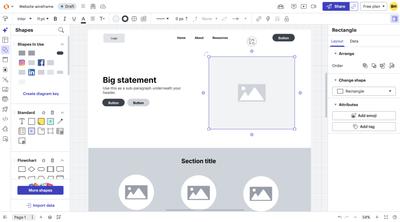Lucidchart editor with a low-fidelity wireframe on the page