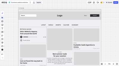 Miro editor with a low-fidelity wireframe on the page