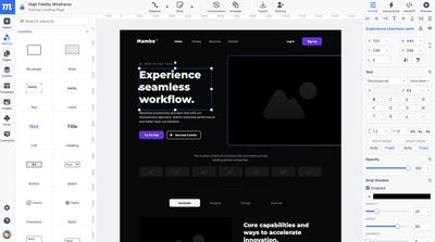 Moqups editor with a low-fidelity wireframe in dark mode on the canvas
