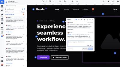 A wireframe design made in Moqups, with commenting window open