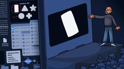 Illustrations showing a founder presenting a new product at a developer conference while, behind the curtain, we see all the hidden work that went into the product.
