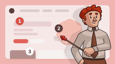 Illustration of a person presenting a website mockup layout with numbered design elements, representing the process of creating a website mockup.