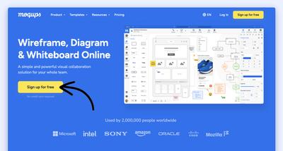 The Moqups homepage with an arrow pointing to the 'Sign up for free' button