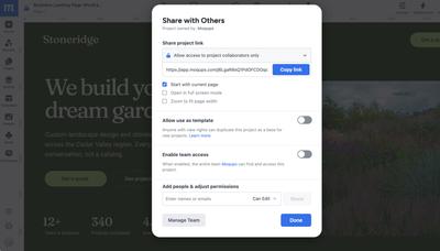 Moqups sharing dialog showing options to share a project link, manage permissions, and invite collaborators by email.