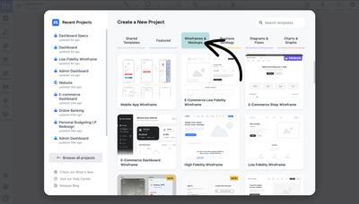 Moqups template gallery with an arrow pointing to the 'Wireframes & Mockups' category tab.