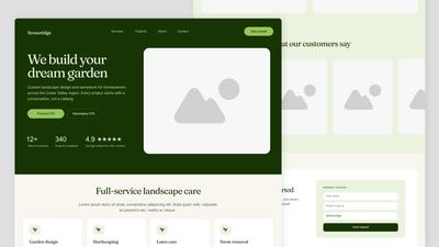 Website mockup for a landscape company, showing a dark green hero section with a headline, a services section, and a quote request form.