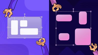 A split-screen visualization of stylized hands wireframing to resize a group of objects on the left, and standardizing the size of a selection of objects on the right