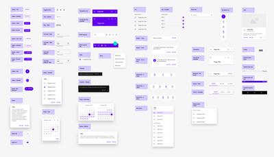 Material Design 2 UI component library in Moqups featuring buttons, cards, navigation bars, date pickers, and more
