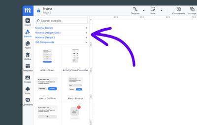 Moqups stencil library panel showing Material Design, Material Design Dark, Material Design 2, and iOS Components categories.