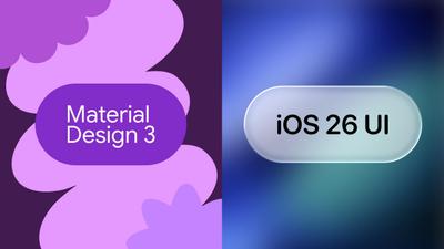 Split graphic showing Material Design 3 and iOS 26 UI kits, with a purple Material Design panel on the left and a glass-style iOS 26 interface element on the right.