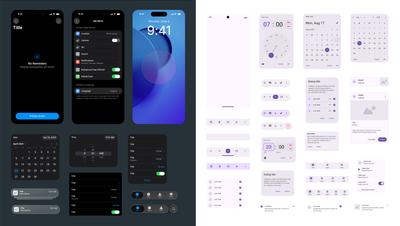 Spplit screen graphic showing the dark mode iOS kit on the left and the light mode Material Design 3 kit on the right 