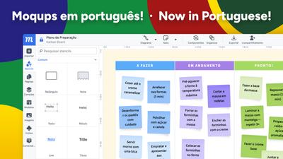 Moqups interface in Portuguese featuring a kanban board and localized UI labels.
