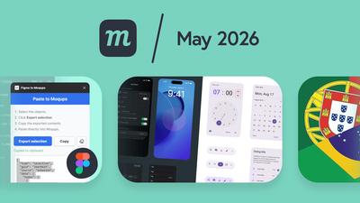 Graphic with 3 sections showing the Figma to Moqups plugin, the iOS and Material Design 3 kits and newly added portuguese language option for the app.