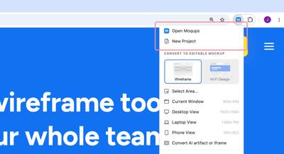 Create projects or open the Moqups app by using the extension