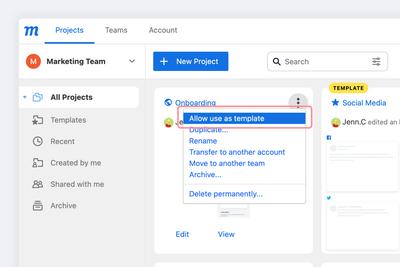 Turn Projec into Template fom Dashboard