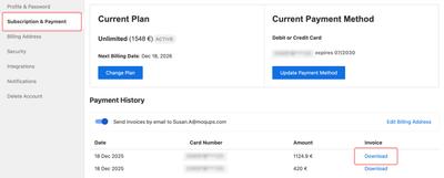Payment History Download Invoices