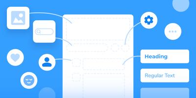 A stylized wireframe illustration showing how elements like placeholders, icons and UI elements can be added to the layout.