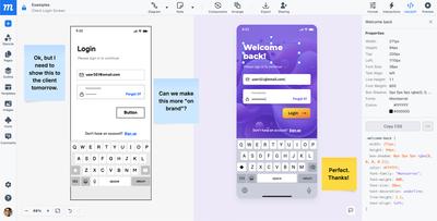 Moqups editor with low-fidelity and high-fidelity mobile app login screens