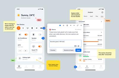 Screenshot of Moqups canvas with live cursors and comments.