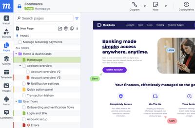 Screenshot of Moqups pages panel showing folders and page structure.