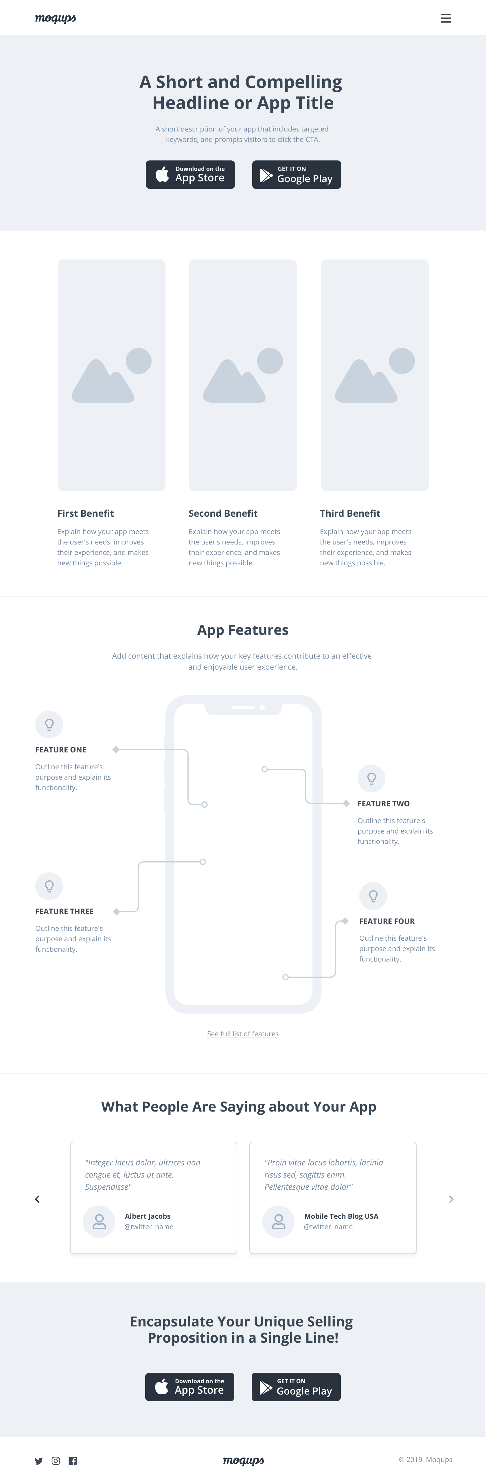 Modello wireframe della landing page dell'app mobile