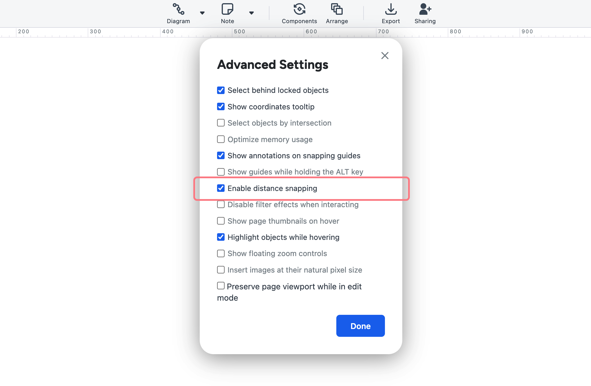 Themes, rulers, guides and grids - Enable distance snapping