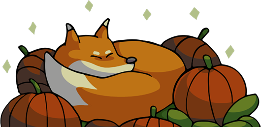 Fox sleeping among pumpkins