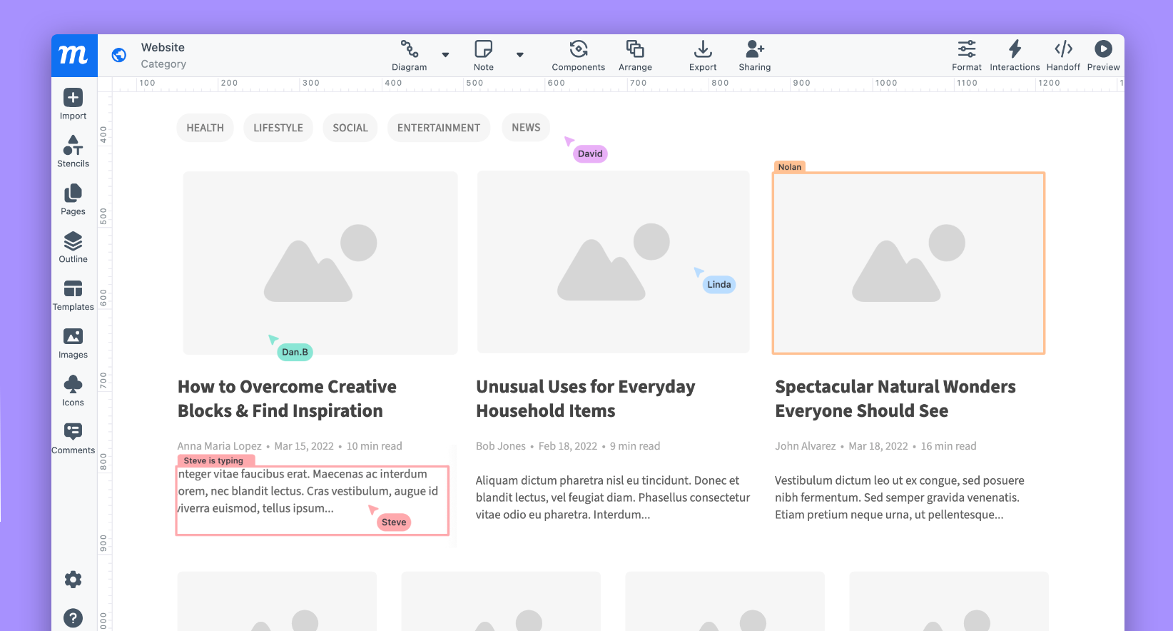Colaboração ao vivo com cursores de colaboradores no Moqups