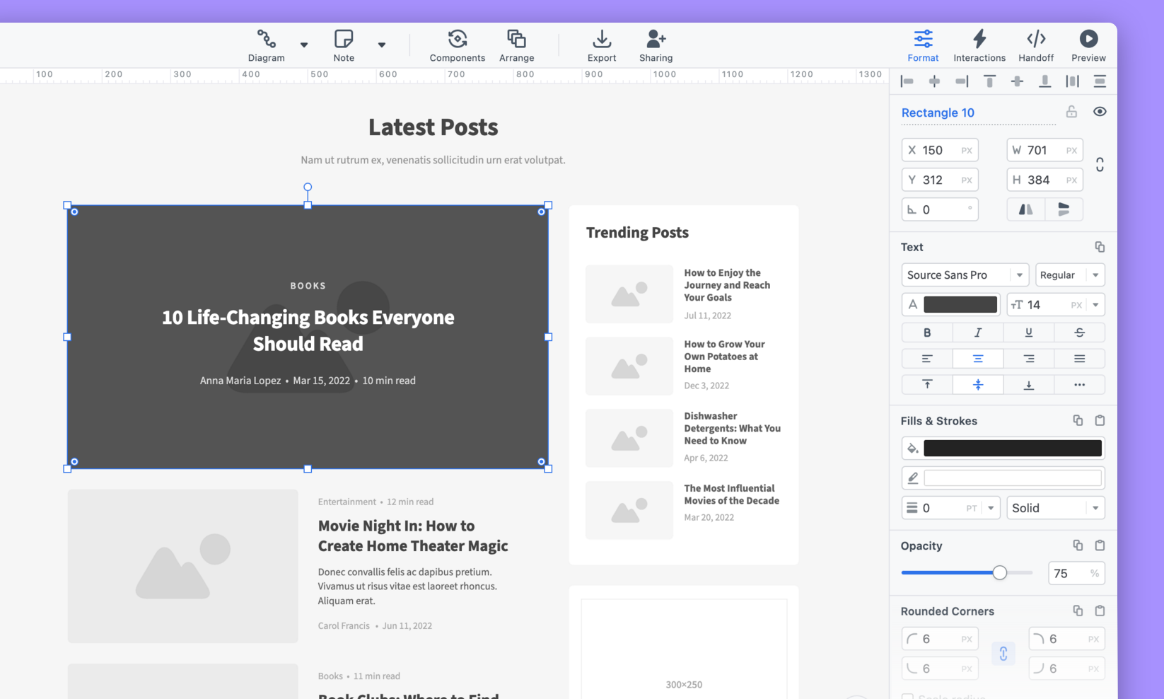 Painel de formatação e editor do Moqups