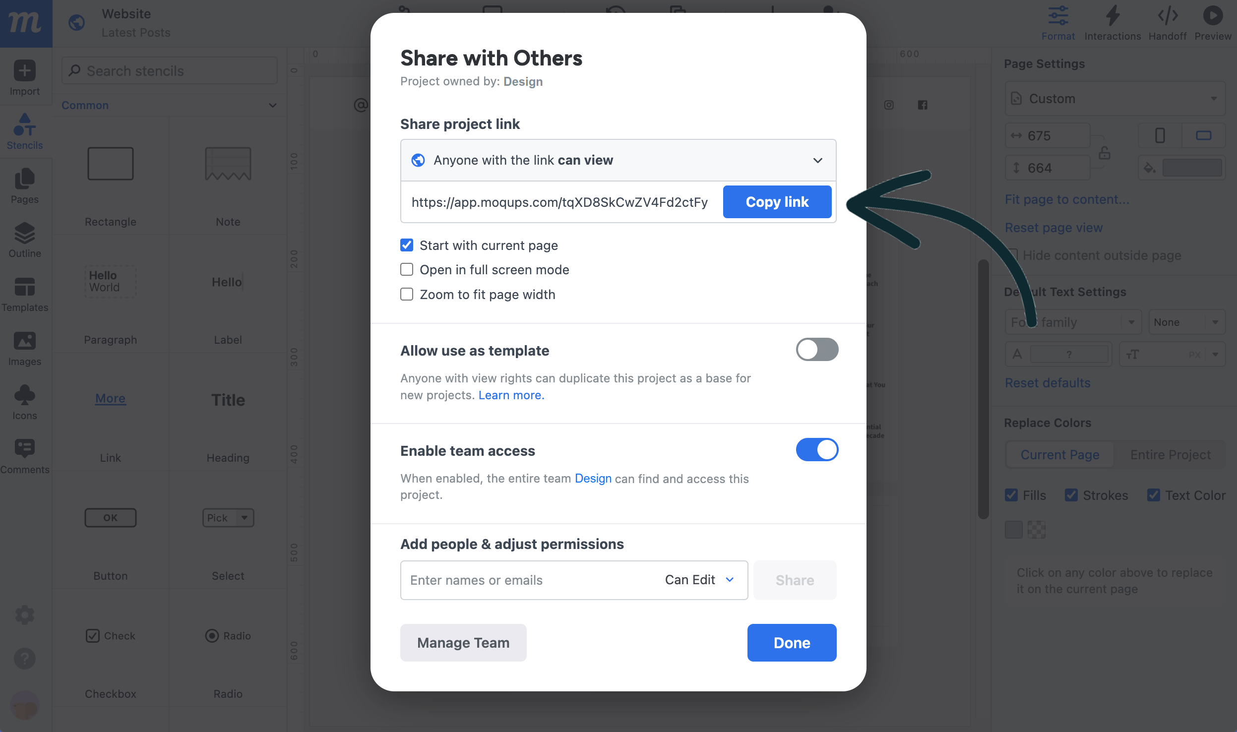 Modal de compartilhamento do Moqups