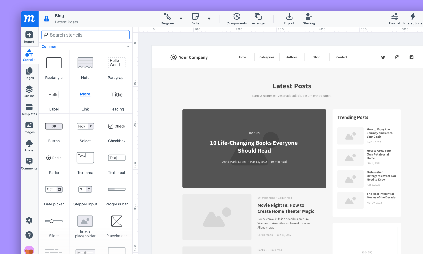 Biblioteca de stencils e editor do Moqups
